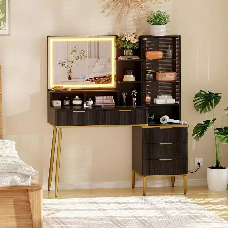 Cassettiera da camera da letto con luce e presa di corrente, Scaffale in legno con 5 cassetti, Design moderno ad alcova, Perfetta per camera da letto o spogliatoio