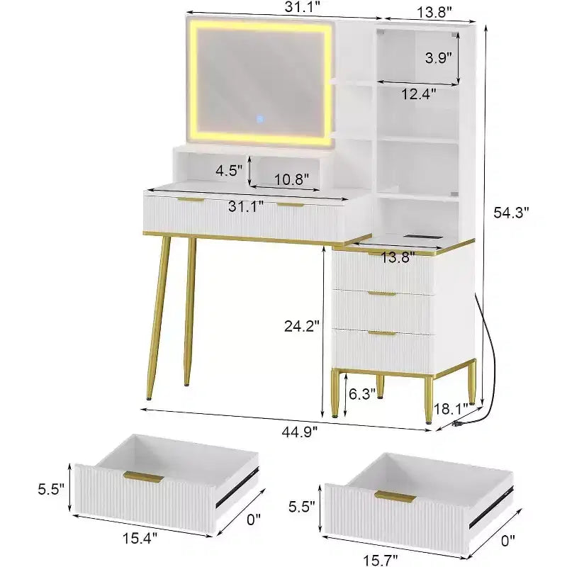 Cassettiera da camera da letto con luce e presa di corrente, Scaffale in legno con 5 cassetti, Design moderno ad alcova, Perfetta per camera da letto o spogliatoio