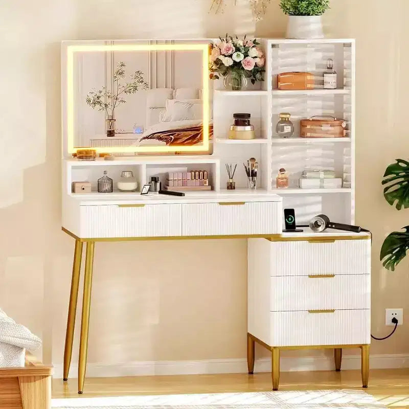 Cassettiera da camera da letto con luce e presa di corrente, Scaffale in legno con 5 cassetti, Design moderno ad alcova, Perfetta per camera da letto o spogliatoio