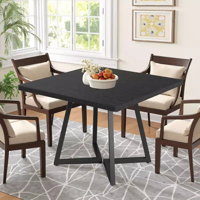 MAYEERTY 31.49 Square Industrial Dining Table, 2-Seater with Vintage Brown Wood & Black Metal Frame