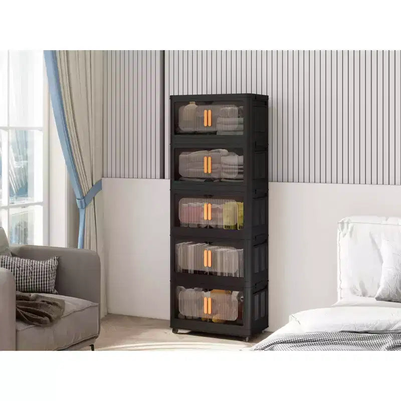 MAYEERTY 24 Side Wide 4 Tiers Plastic Folding Storage Cabinet with Magnetic Door Wheels for Living Room Black
