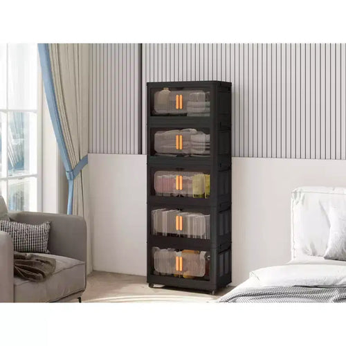 MAYEERTY 24 Side Wide 4 Tiers Plastic Folding Storage Cabinet with Magnetic Door Wheels for Living Room Black