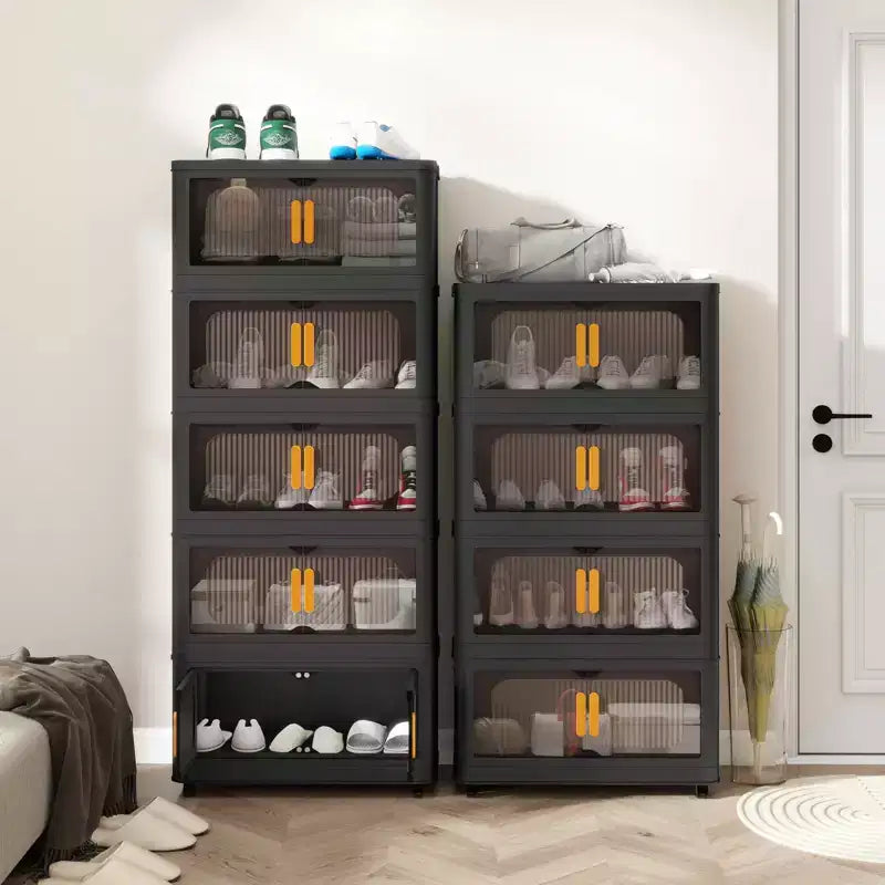 Armadietto portaoggetti pieghevole in plastica a 4 ripiani da 24 pollici con sportello magnetico e ruote per soggiorno, colore nero