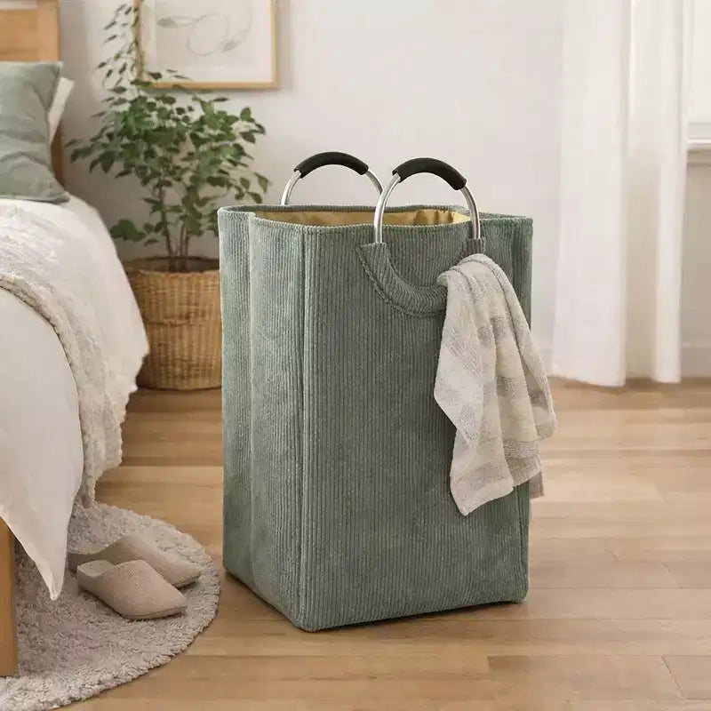 Cesto portabiancheria in velluto a coste 55L verde salvia