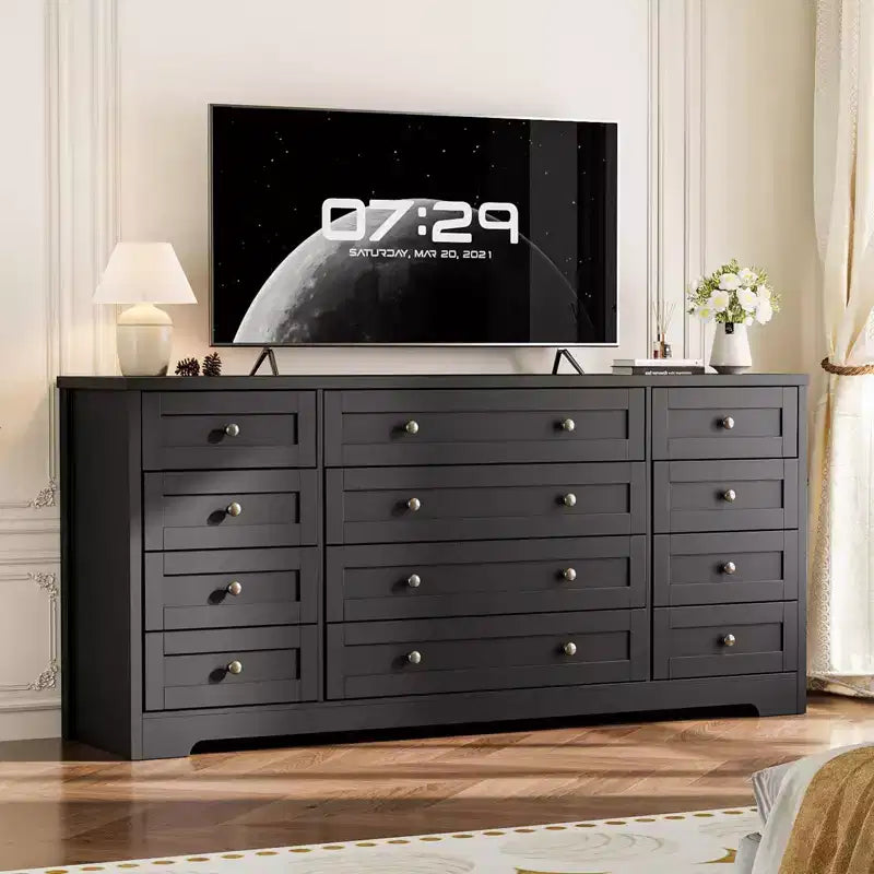Cassettiera a 12 cassetti per camera da letto, Comò moderno in legno con piano ampio per TV da 65 pollici, Mobile contenitore in stile rustico per soggiorno e corridoio