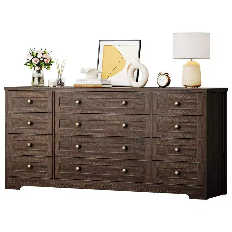Cassettiera a 12 cassetti per camera da letto, Comò moderno in legno con piano ampio per TV da 65 pollici, Mobile contenitore in stile rustico per soggiorno e corridoio